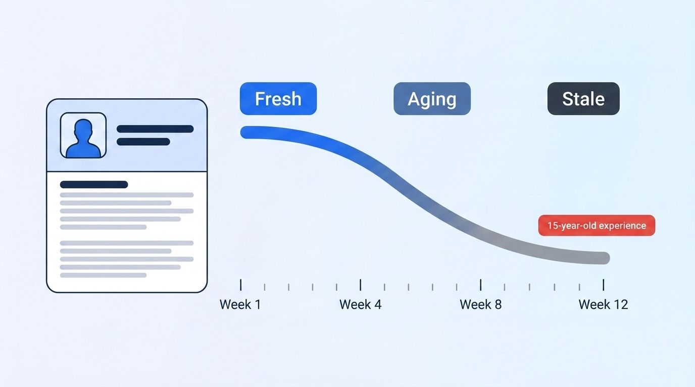 Relevance-decay curve showing a candidate signal moving from fresh to aging to stale across weeks, with an old "15-year-old experience" tag sitting at the stale end