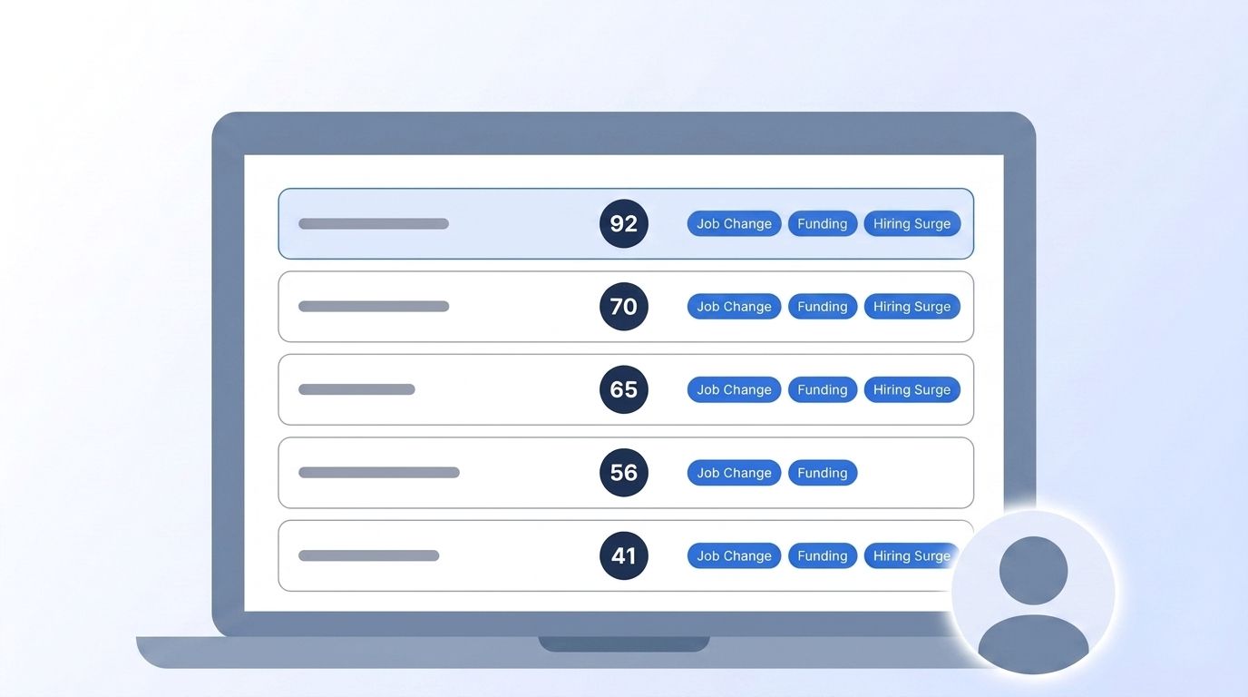 A sales rep's laptop screen showing a ranked lead scoring dashboard with numeric scores and job change, funding, and hiring surge signal tags