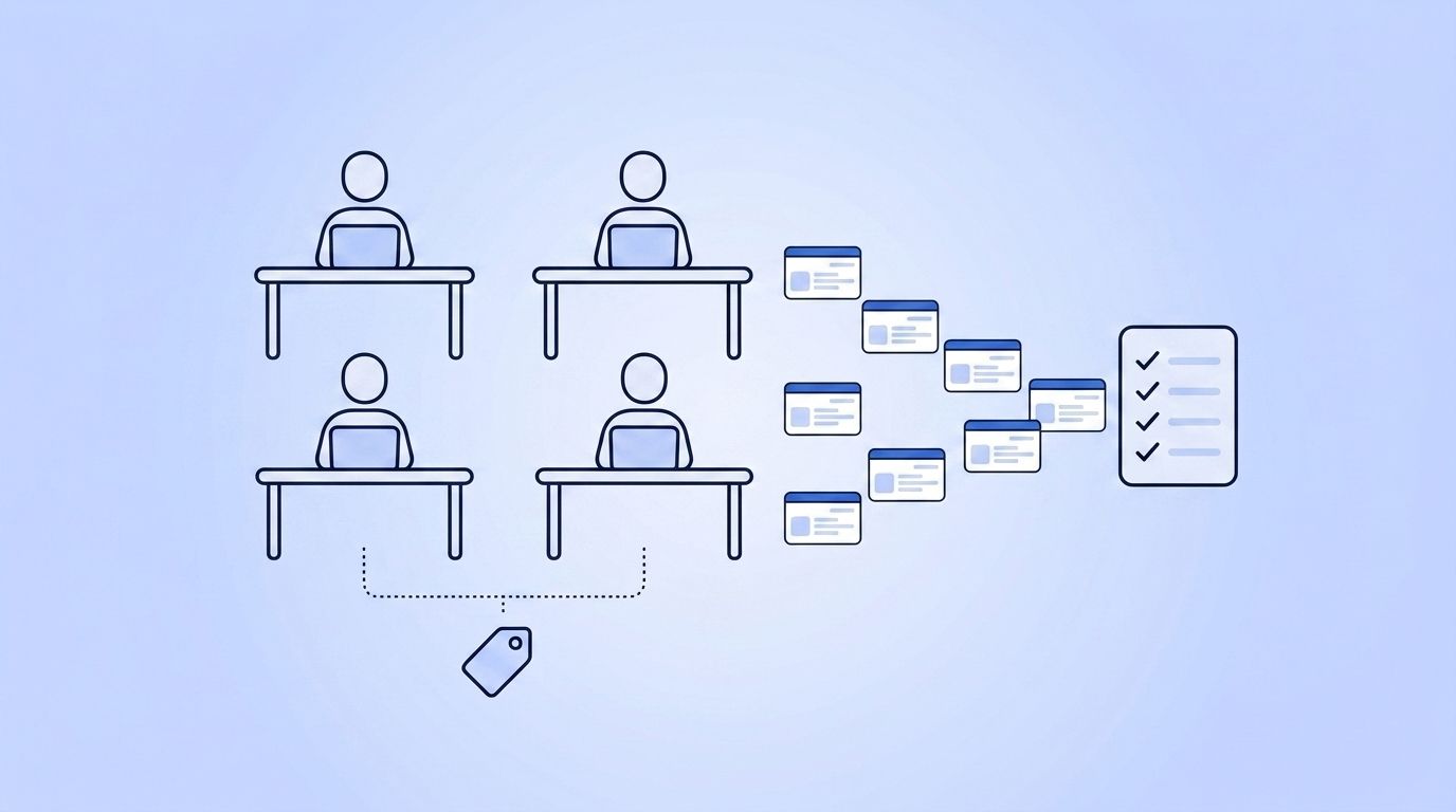 Outsourced BPO team at desks processing a stream of CRM records toward a completed checklist