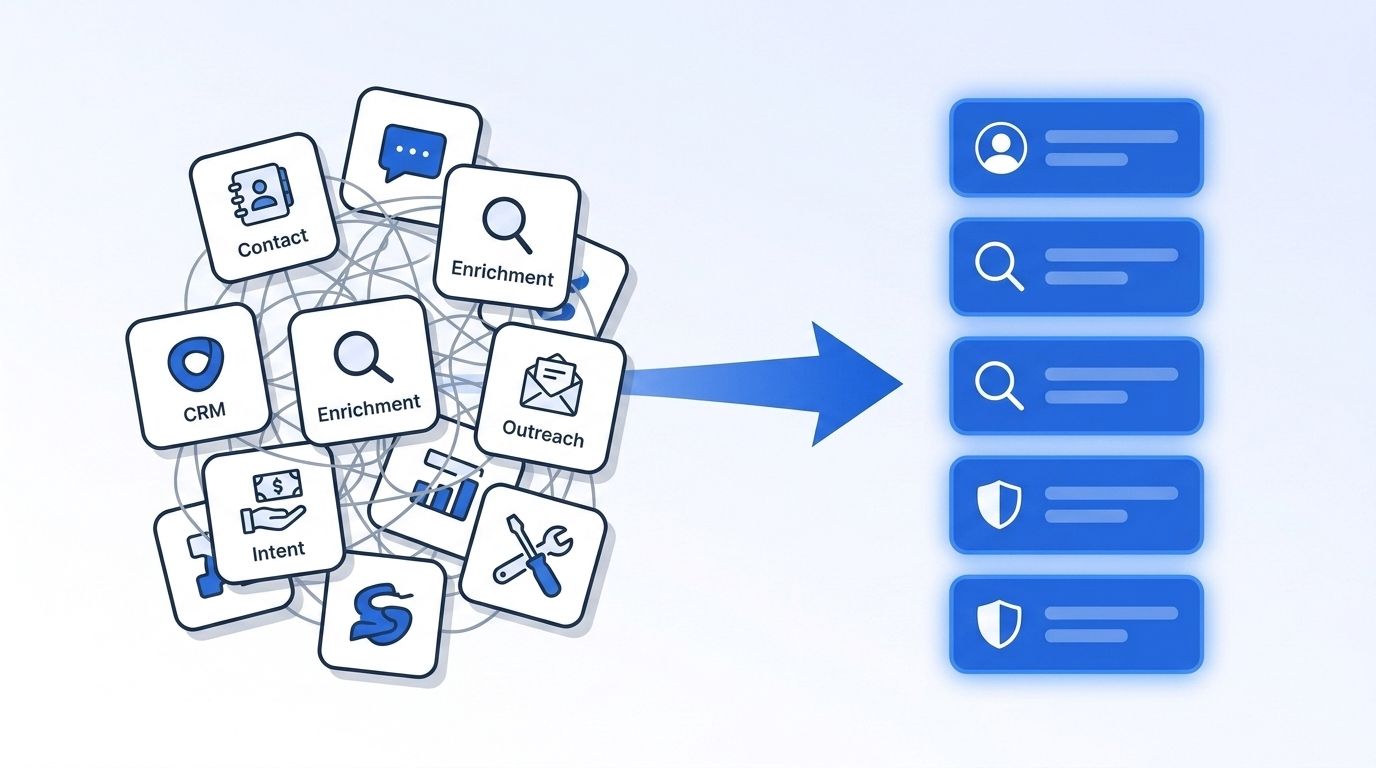 A cluttered stack of overlapping software tool icons being sorted into a smaller, organized RevOps tech stack