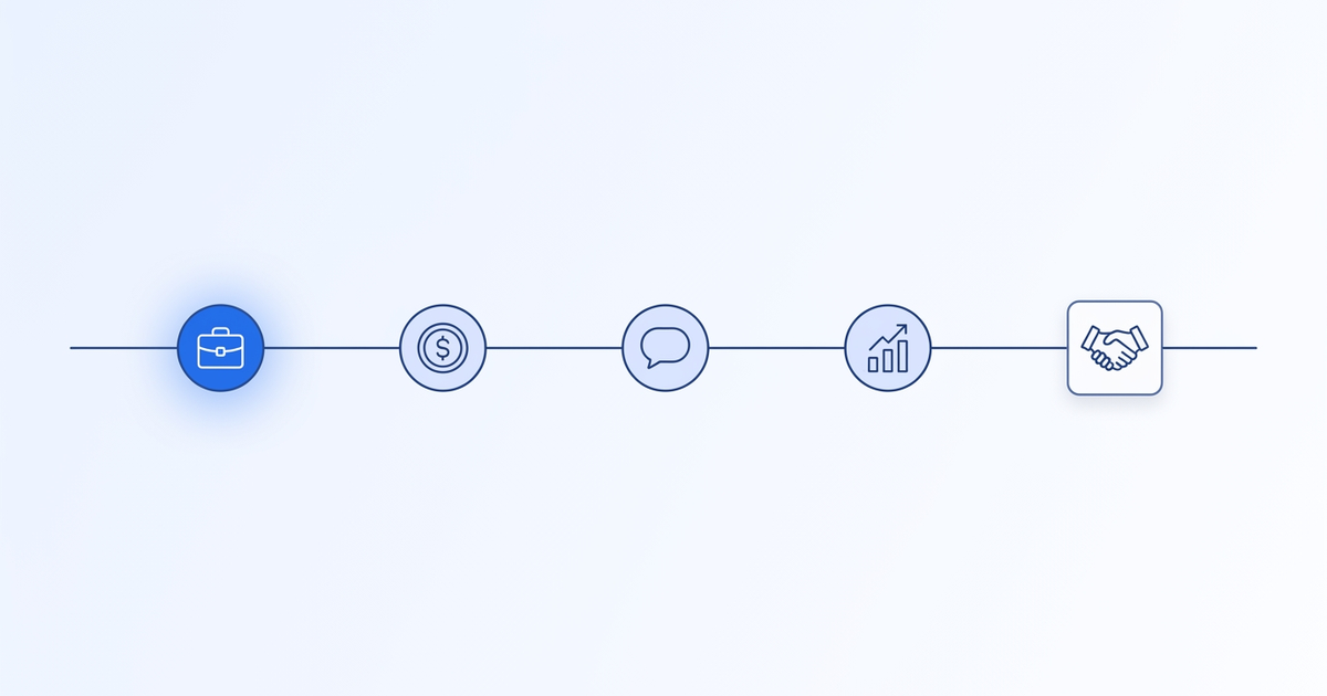Flat vector illustration of a deal timeline with multiple signal icons — job change, funding round, LinkedIn engagement — feeding into a closed-won deal card, with one signal highlighted in blue as the primary trigger