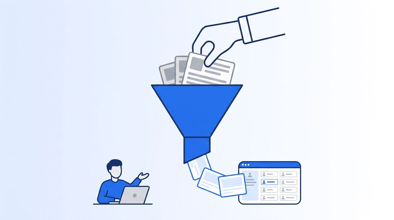Hand sorting stacked data cards through a funnel into a clean CRM dashboard, illustrating the CRM data cleanup process