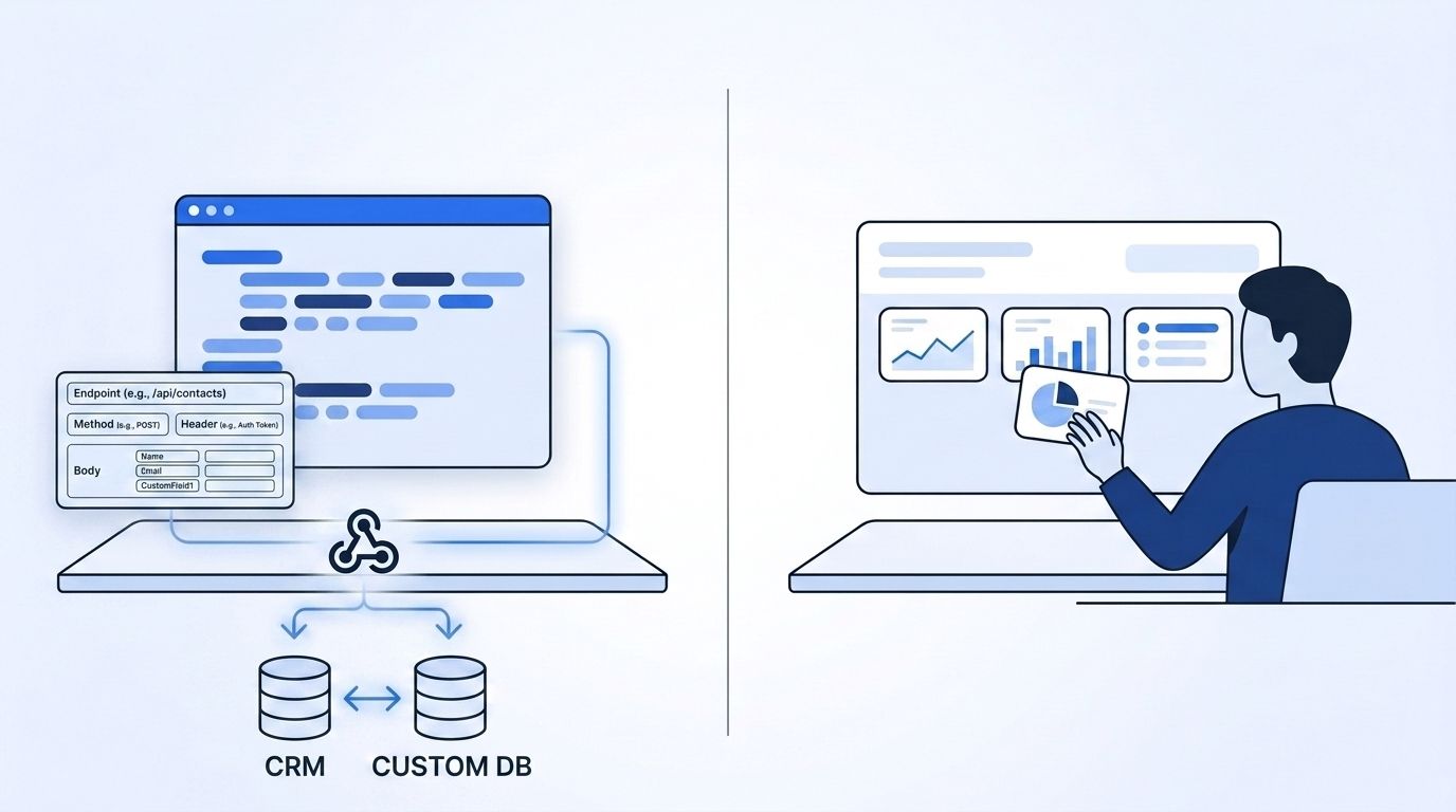 Data pipeline diagram comparing locked pre-built UI connectors against an open API-first flow of JSON data blocks feeding a CRM
