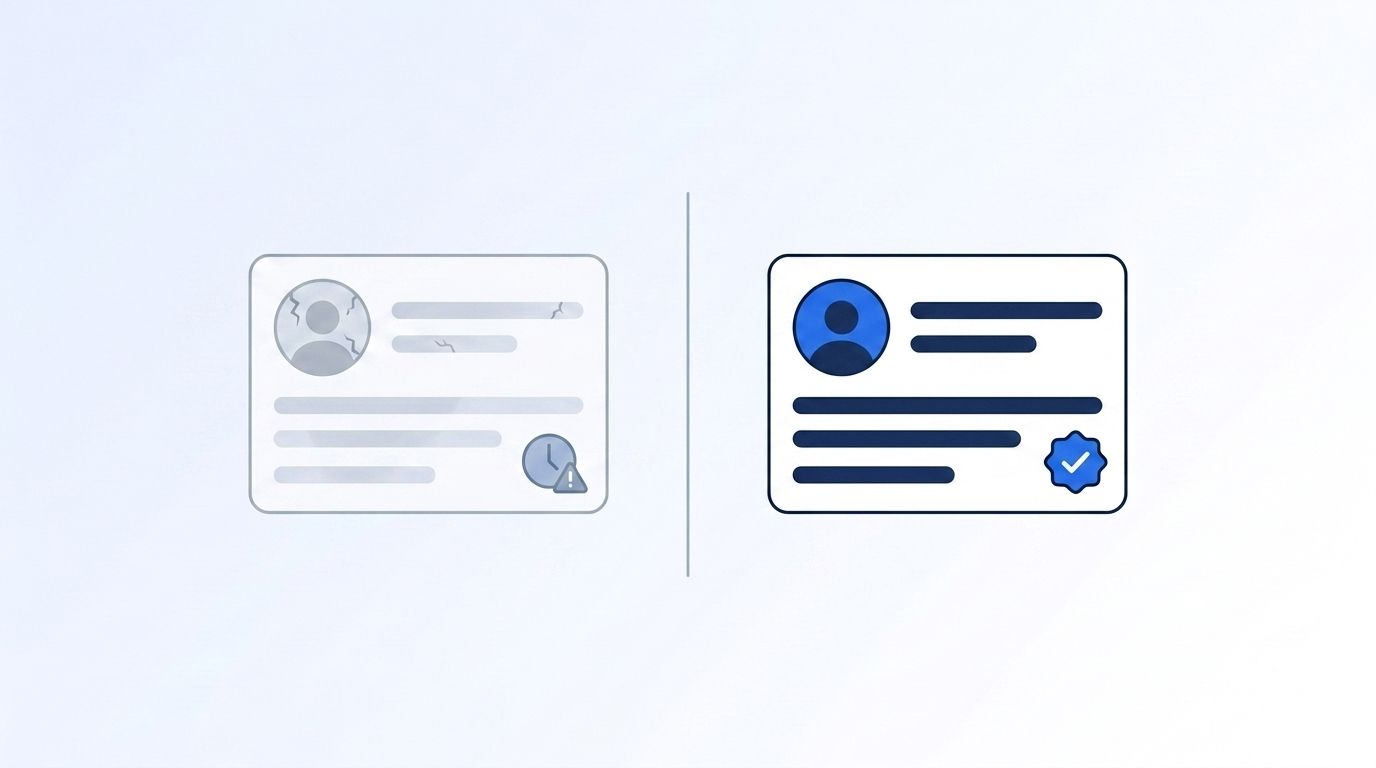 Split-screen illustration comparing a decaying, outdated contact record with a fresh, verified data record