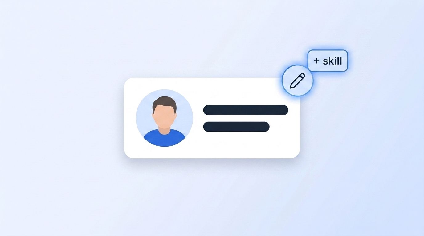 LinkedIn profile card with a pencil edit icon and a "+skill" badge signaling a recent profile update