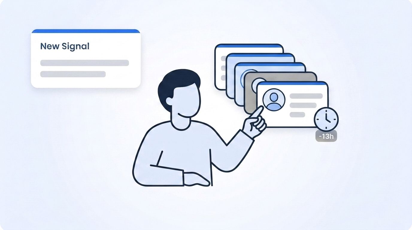 Sales rep clicking through a stack of overlapping browser tabs and profile cards beside a clock showing 13 wasted hours a week on manual signal verification