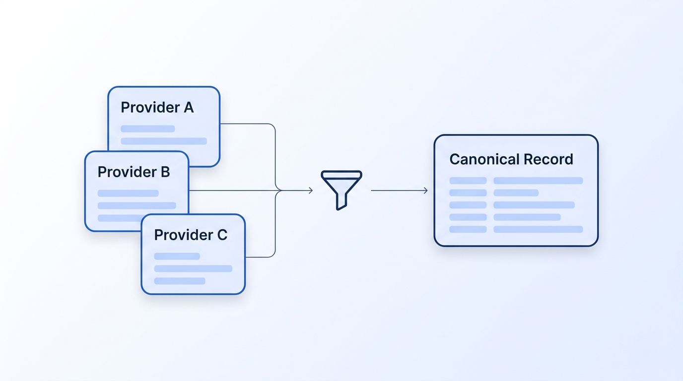 Illustration of three differently formatted provider data cards funneling into one canonical schema record