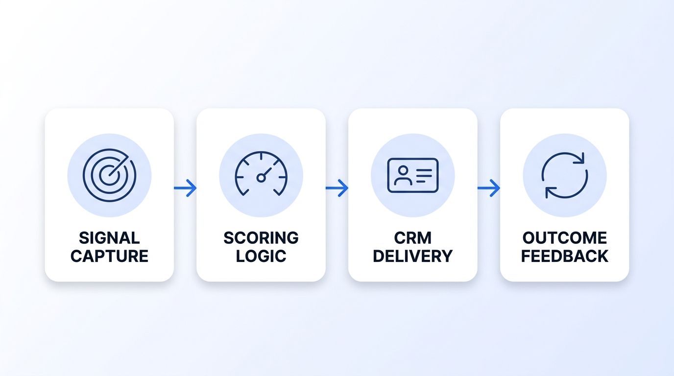 Four-step horizontal pipeline diagram showing signal capture, scoring logic, CRM delivery, and outcome feedback stages