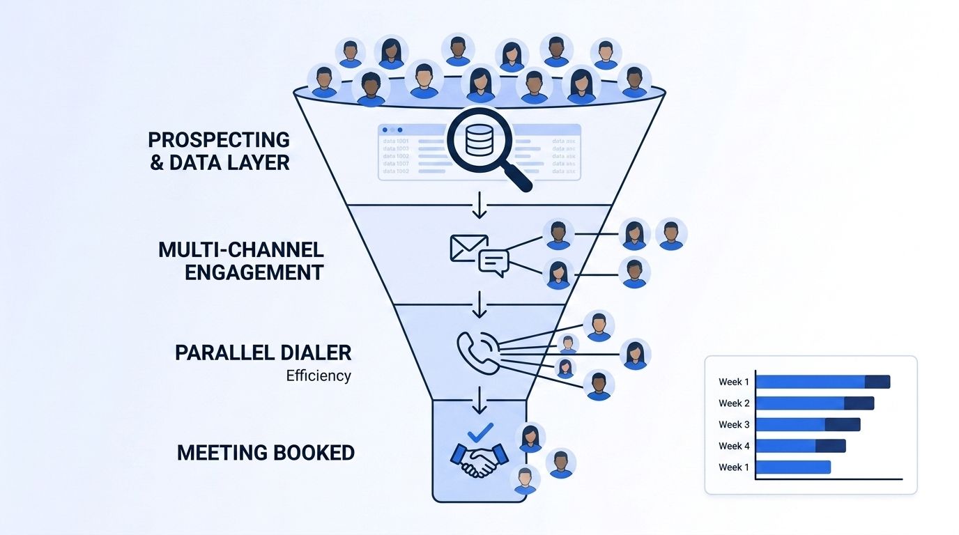 Outbound sales workflow funnel from prospecting and data through multi-channel engagement, parallel dialing, and booked meetings