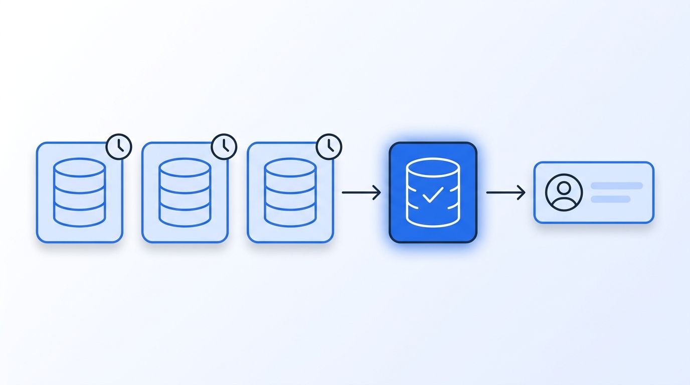 Three stale static database tiers feeding into a glowing real-time live-check tier as the final waterfall stage before a CRM record