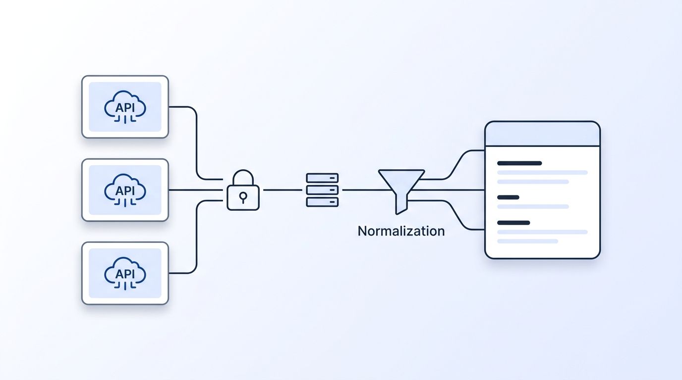 A flat vector illustration of multiple data provider API boxes converging through an authentication gate and a queue into one unified schema card