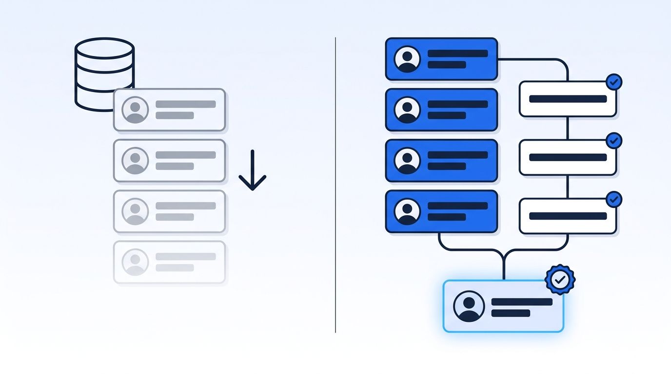 Split illustration of a decayed, grayed-out B2B contact database on the left transforming into a verified, blue-highlighted waterfall enrichment pipeline on the right