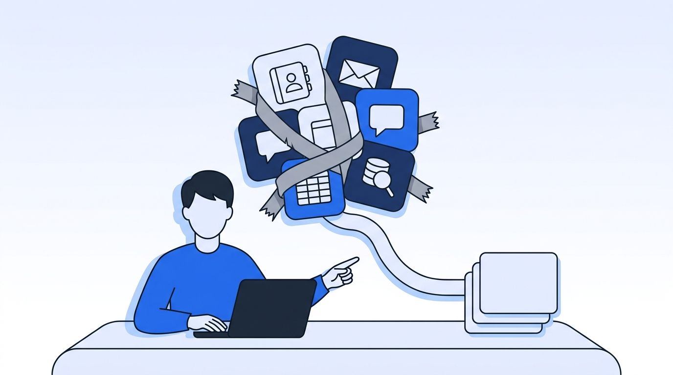 A cluttered knot of duct-taped SaaS tool icons above a desk, with an engineer routing them into one clean pipeline, illustrating GTM stack tool sprawl