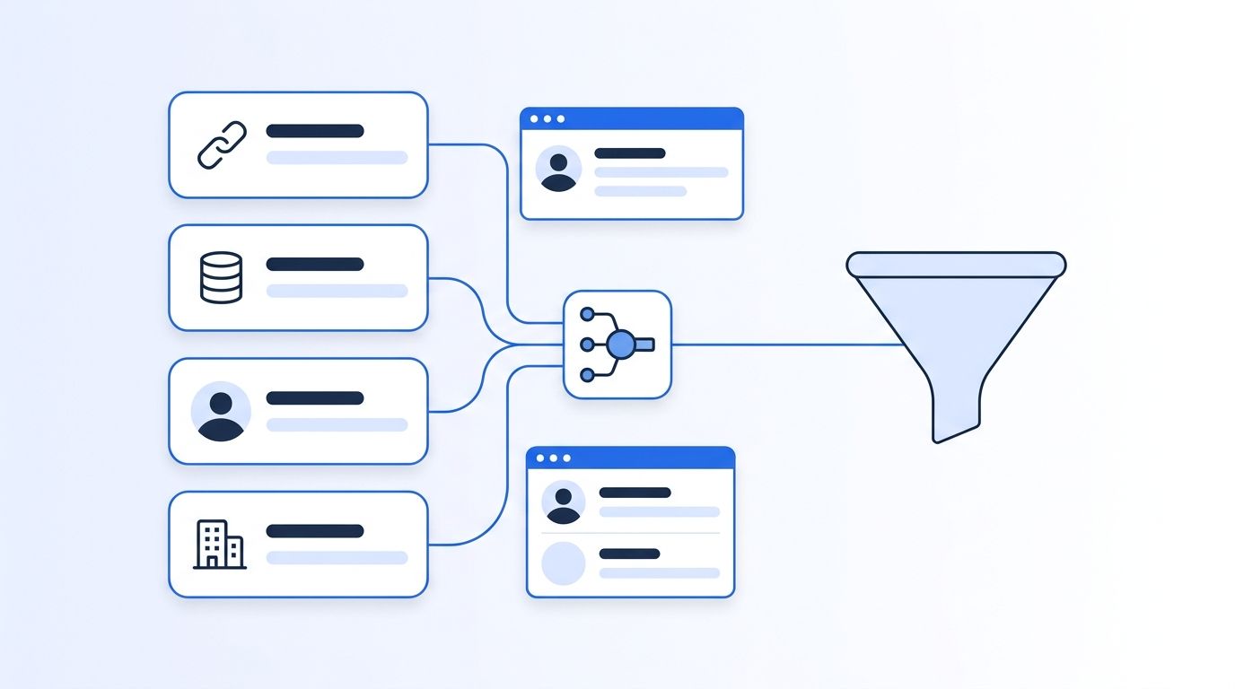 A GTM engineer's dashboard illustration showing multiple B2B data source cards feeding into a central orchestration pipeline