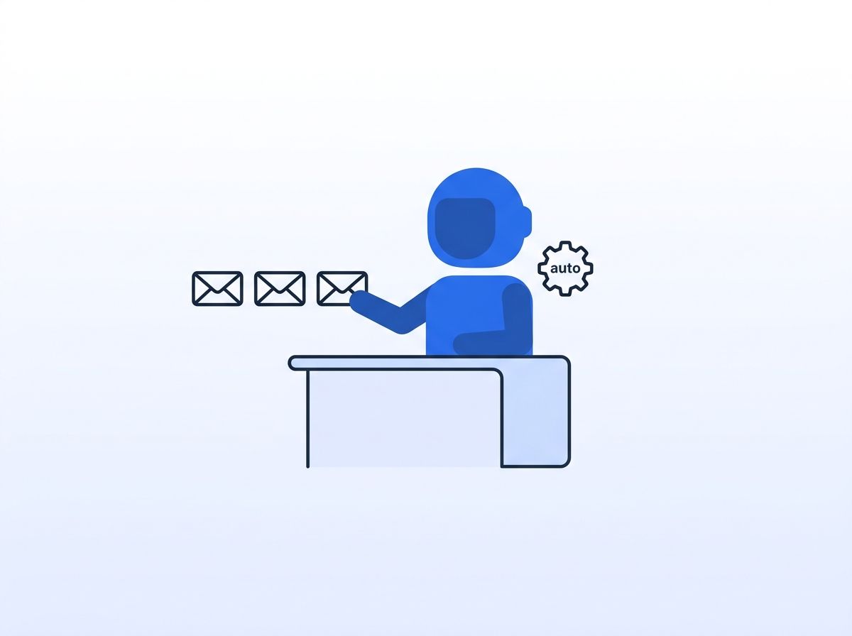 Robot avatar seated at a desk sending outlined email icons automatically to represent an autonomous AI SDR agent