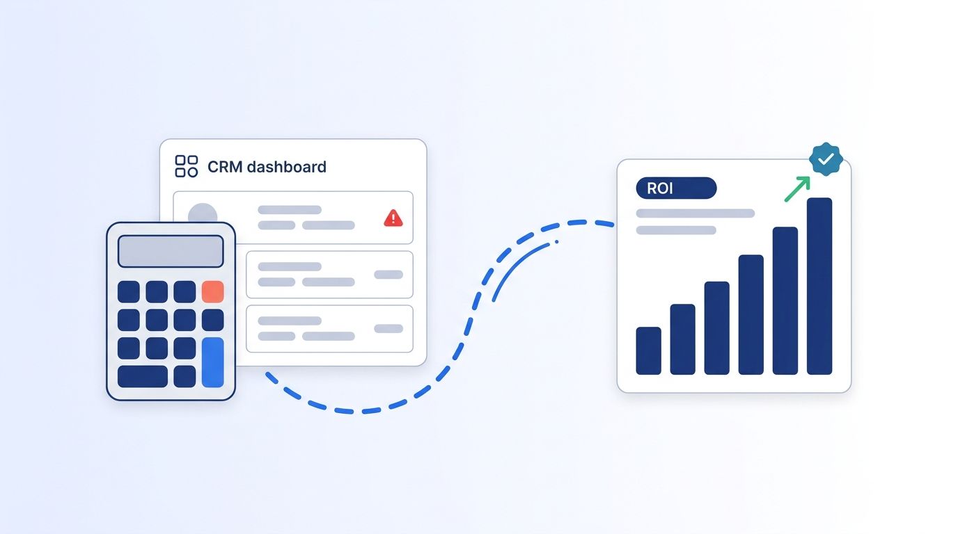 A calculator and CRM dashboard connected by a data flow line to a rising ROI bar chart
