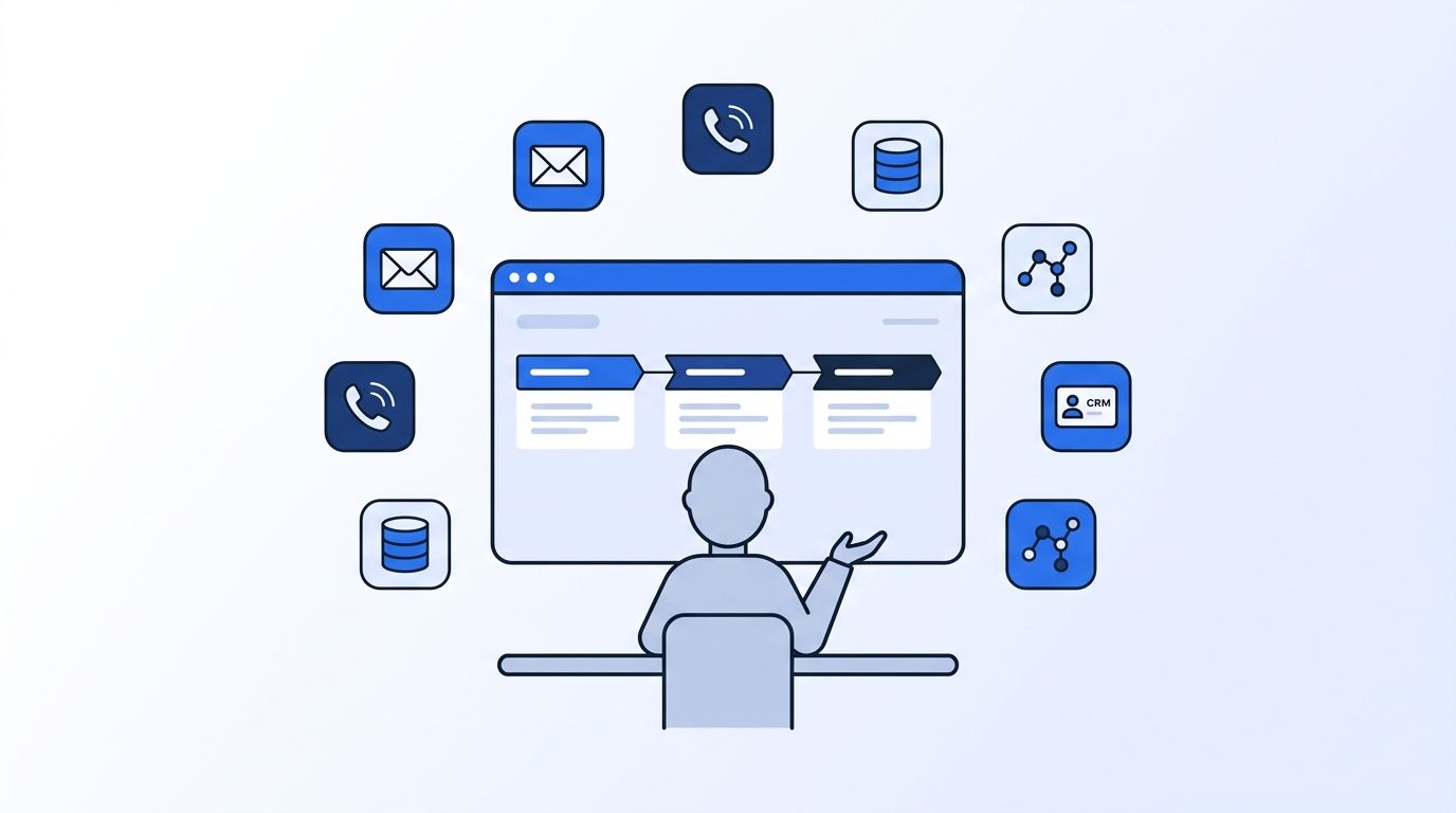 Nine icons representing outbound sales platforms arranged around a central SDR workflow dashboard