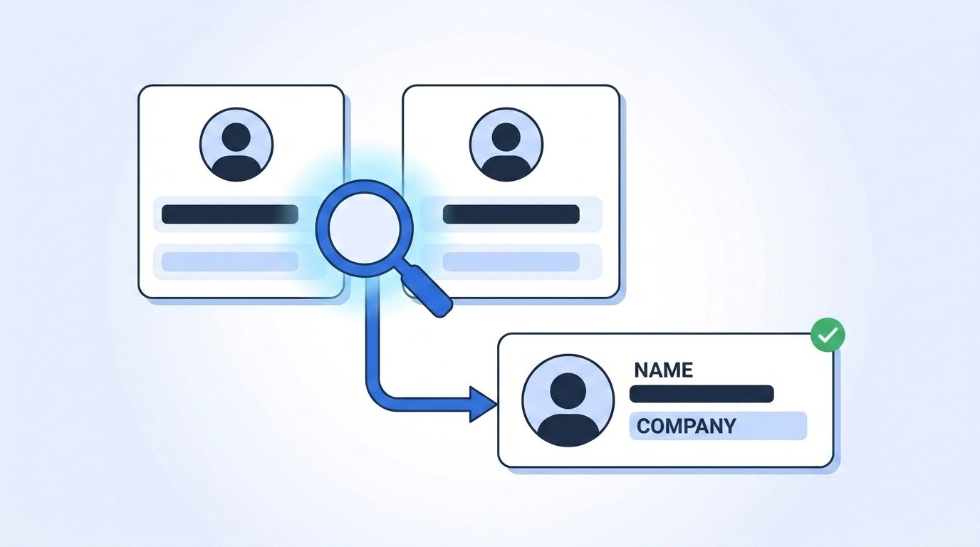 Two duplicate contact cards being matched and merged into a single clean CRM record