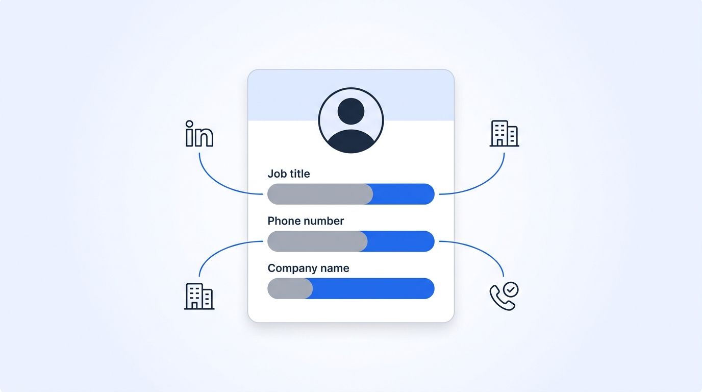 A HubSpot contact record card being enriched in real time by connected data source icons, with fields updating from gray placeholders to filled blue values