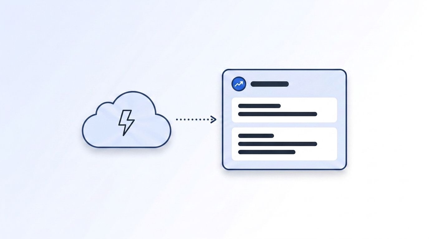 Cloud app icon receiving a webhook event that creates a job-change alert task card, illustrating CRM webhook integration