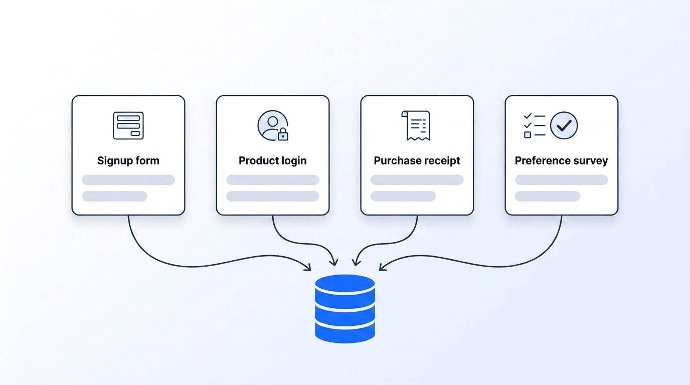 Four UI card mockups for signup form, product login, purchase receipt, and preference survey feeding into a central database icon