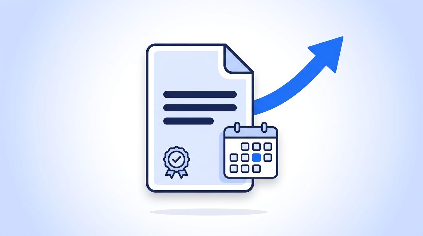 Contract document with a calendar renewal date and an upward-trending pricing arrow, illustrating rising enterprise sales intelligence contract costs