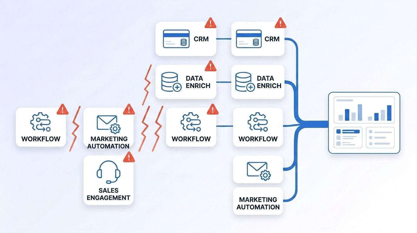 A flat vector illustration of disconnected app icons with warning marks on the left flowing into a single organized data pipeline connecting into a clean CRM dashboard on the right