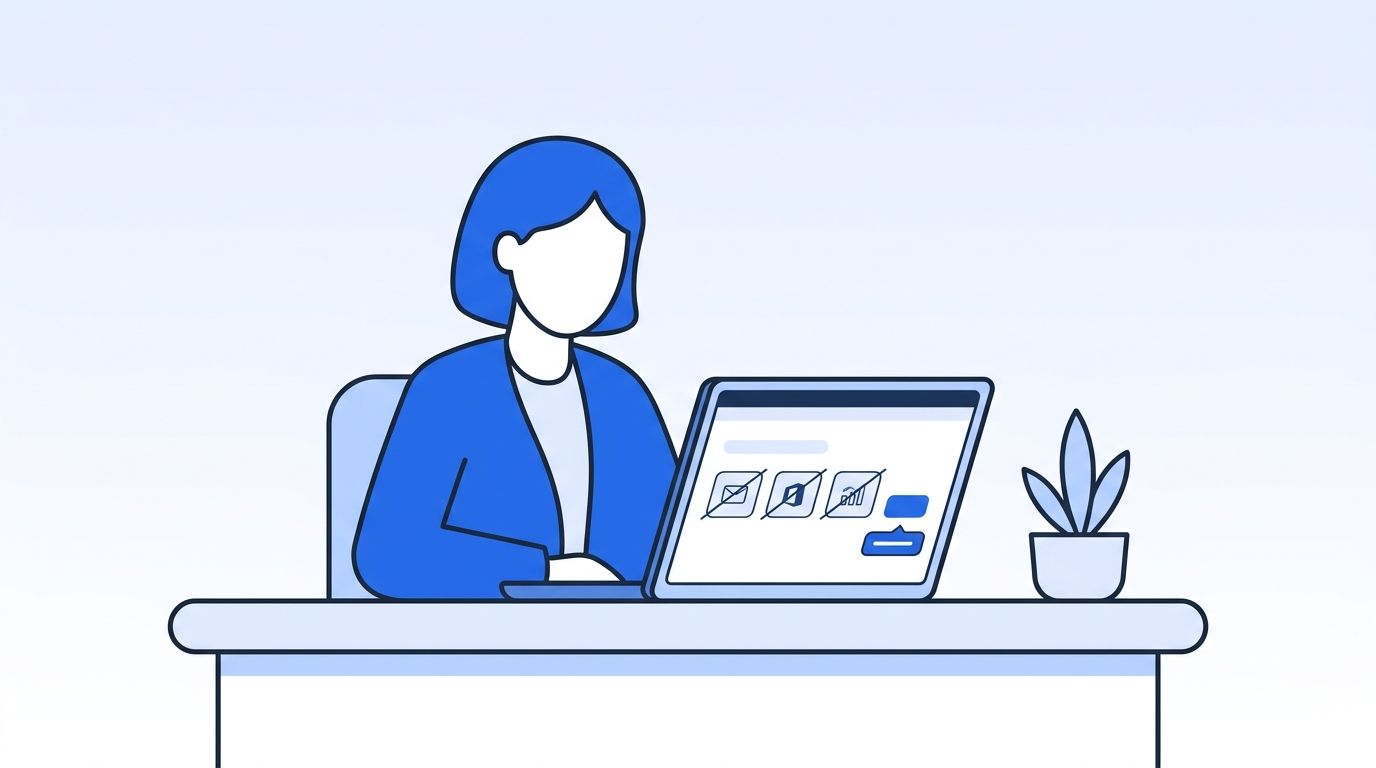 A finance leader reviewing a laptop dashboard with several crossed-out SaaS subscription tiles next to a smaller consolidated internal-build bar