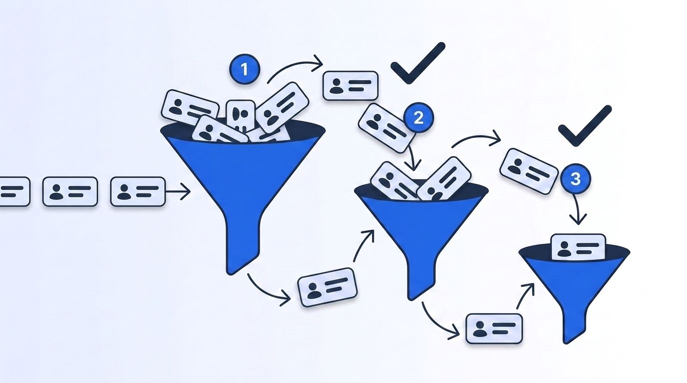 Contact records flowing through three ranked enrichment vendor funnels, unmatched records cascading forward and matched records exiting into a checkmark