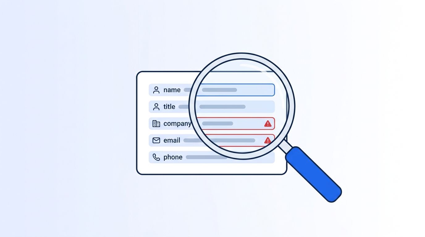 A magnifying glass hovering over a CRM contact record with some fields flagged in red, representing lead enrichment accuracy checks