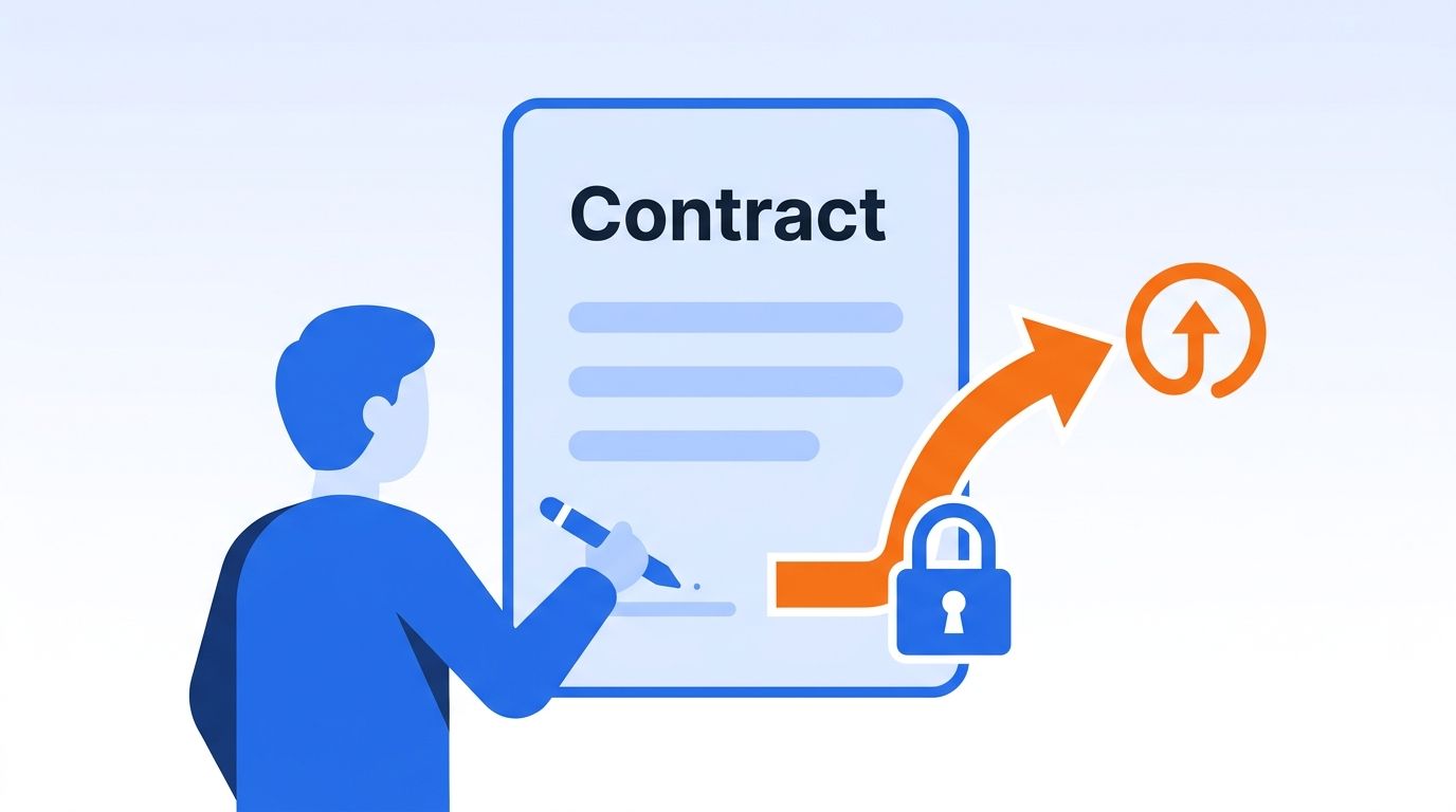 Contract document with an exit-ramp arrow branching off before the lock-in point, illustrating the importance of negotiating termination and exit clauses before signing