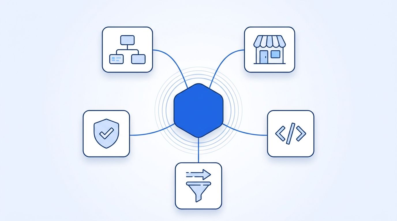 Five icons representing enterprise RevOps, SMB sales, developer, compliance, and inbound routing use cases arranged around a central data hub