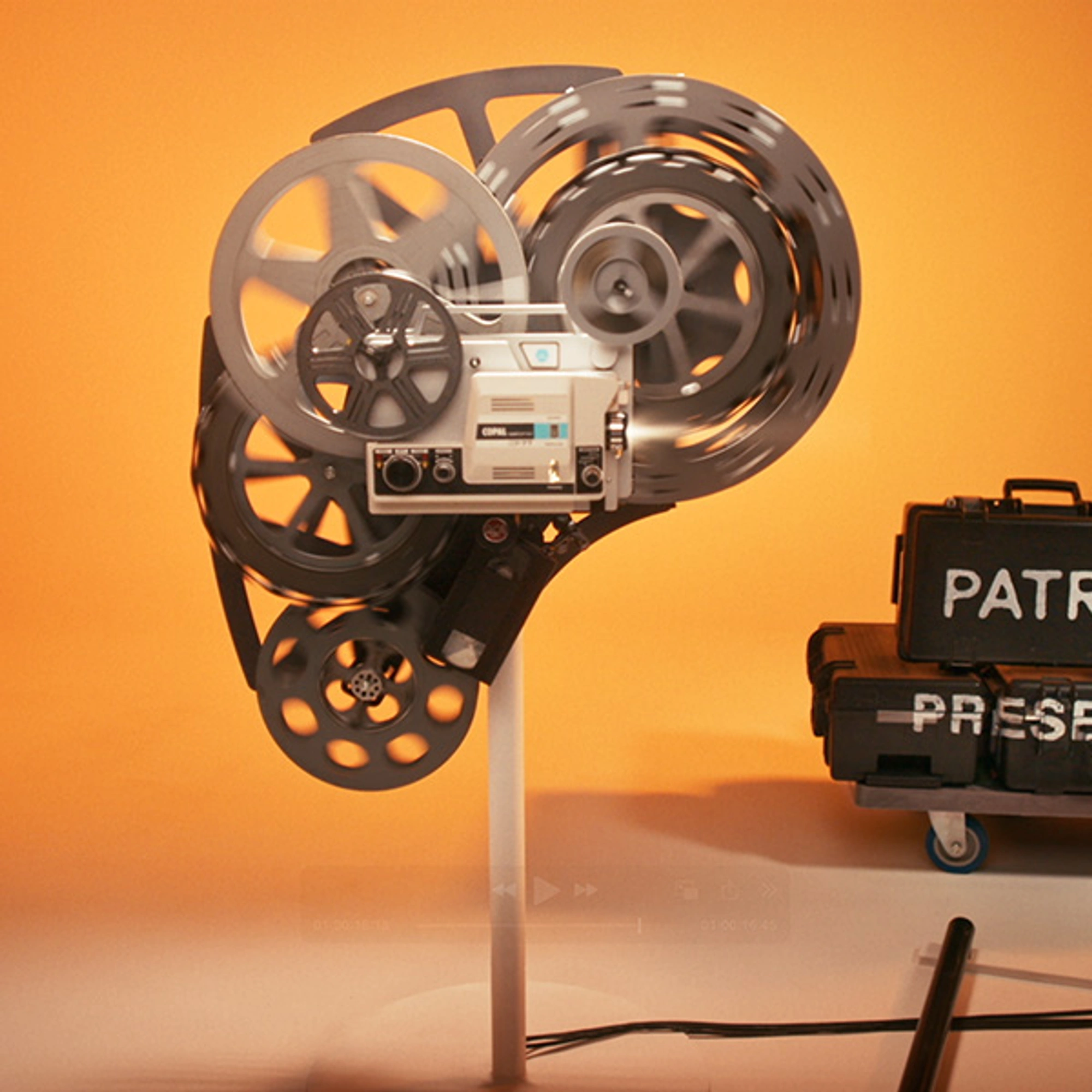 Patreon Logo made out of old film projectors and cameras