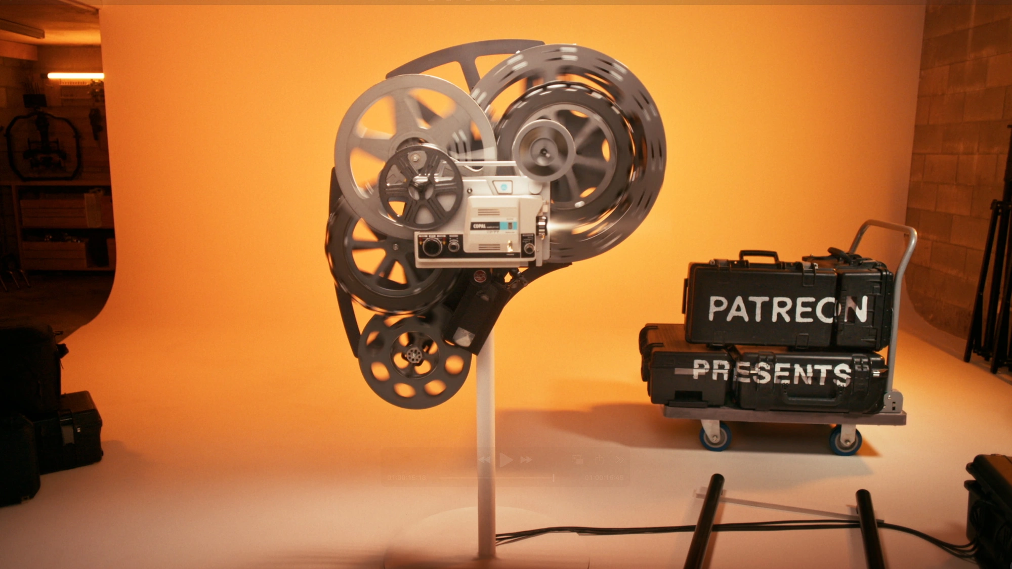 Patreon Logo made out of old film projectors and cameras