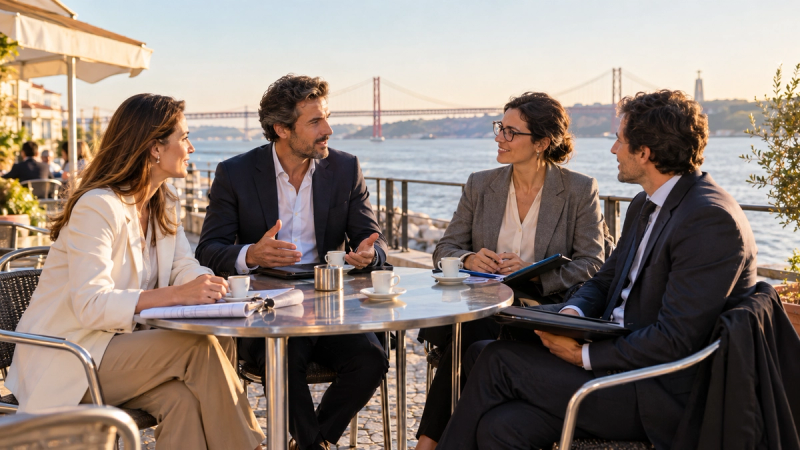 A professional meeting a couple at a table with documents, a laptop and a floor plan of a home