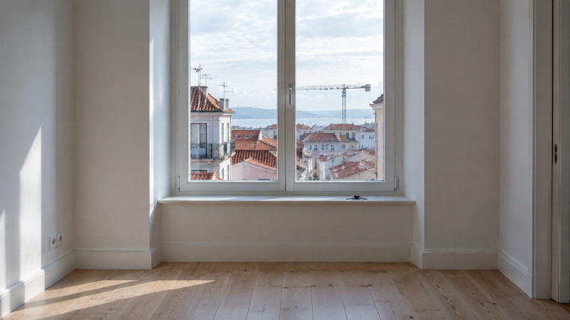 Profissional em reunião com um casal, numa mesa com documentos, um portátil e a planta de uma casa