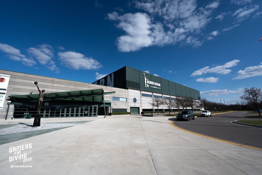 A wide look at the exterior of the George Gervin GameAbove Center.