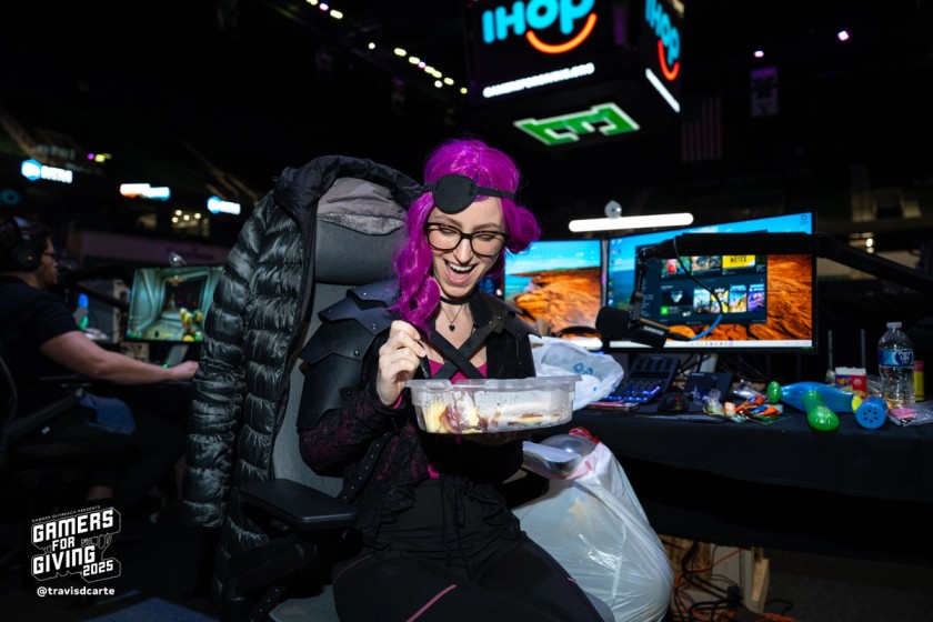A creator at Gamers For Giving enjoy an IHOP breakfast