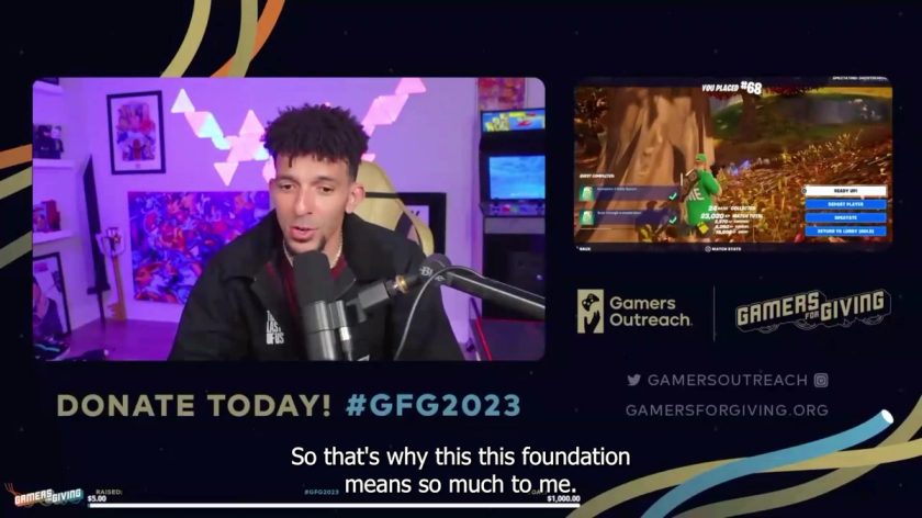 Screenshot of creator, Khleo Thomas, sharing a story about his experience with gaming in hospitals and what supporting Gamers Outreach programs means to him during the Gamers for Giving 2023 Streamathon.