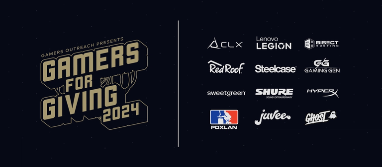 Gamers for Giving 2024 sponsors graphic with GFG 2024 logo on the left and sponsor logos on the right: Bisect Hosting, CLX Gaming, Domino’s, Gaming Gen, GHOST Gaming, Hyper X, Juvee, Lenovo Legion, PDX LAN, Red Roof Inn, Shure, Steelcase, Sweetgreen, and Uncle Ray’s Chips