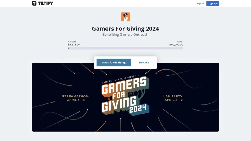 The Gamers for Giving 2024 Tiltify event page.