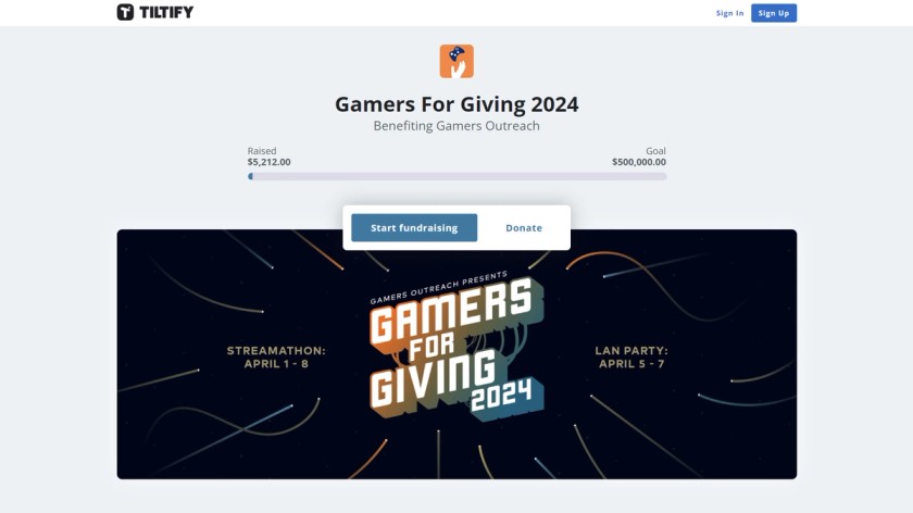 The Gamers for Giving 2024 Tiltify event page.