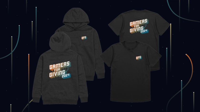 A black hoodie and T-Shirt with Gamers for Giving 2024 graphics, showing a sample of the merch options that will be available for this year's event.