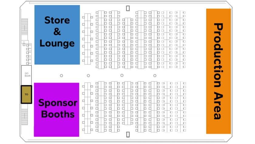 Gamers for Giving 2024 venue layout with TO desk highlighted next to the Sponsor Booths.