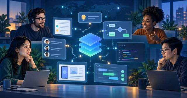 A distributed product team connecting product decisions, technical knowledge and delivery work through a shared digital workspace.