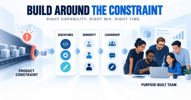 A product constraint at the centre of a team-design process that selects the required engineering disciplines, seniority and technical leadership.