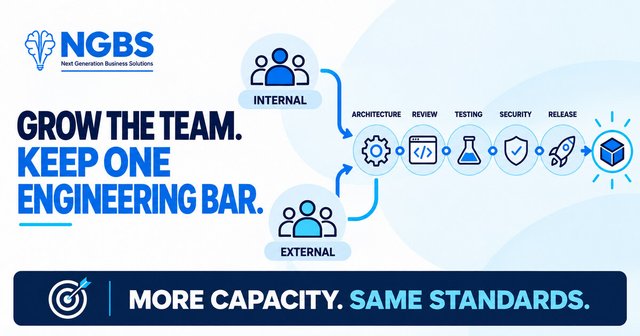 Internal and external engineers passing their work through the same architecture, code review, testing, security and release standards.