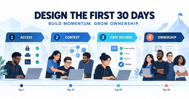A 30-day onboarding roadmap moving from access and product context through first delivery, feedback and growing engineering ownership.