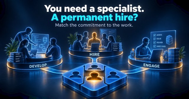 A specialist skills gap connects to three routes: developing internal expertise, hiring a permanent team member and engaging focused external support.