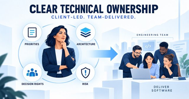 A client technical leader setting product direction, architecture boundaries and decision rights while an integrated engineering team delivers within them.
